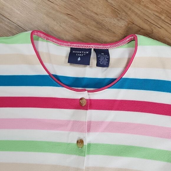 🔺️Mountain Lake White & Multicolored Stripe Button Cardigan Medium - Picture 3 of 10